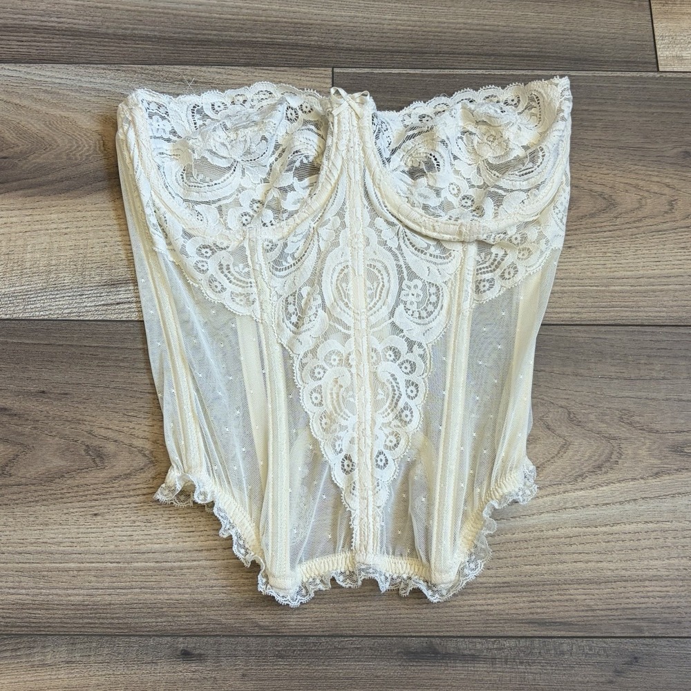 Vtg Victorias Secret Bustier Lace Gold Label 36 Sheer Corset Boning Bride